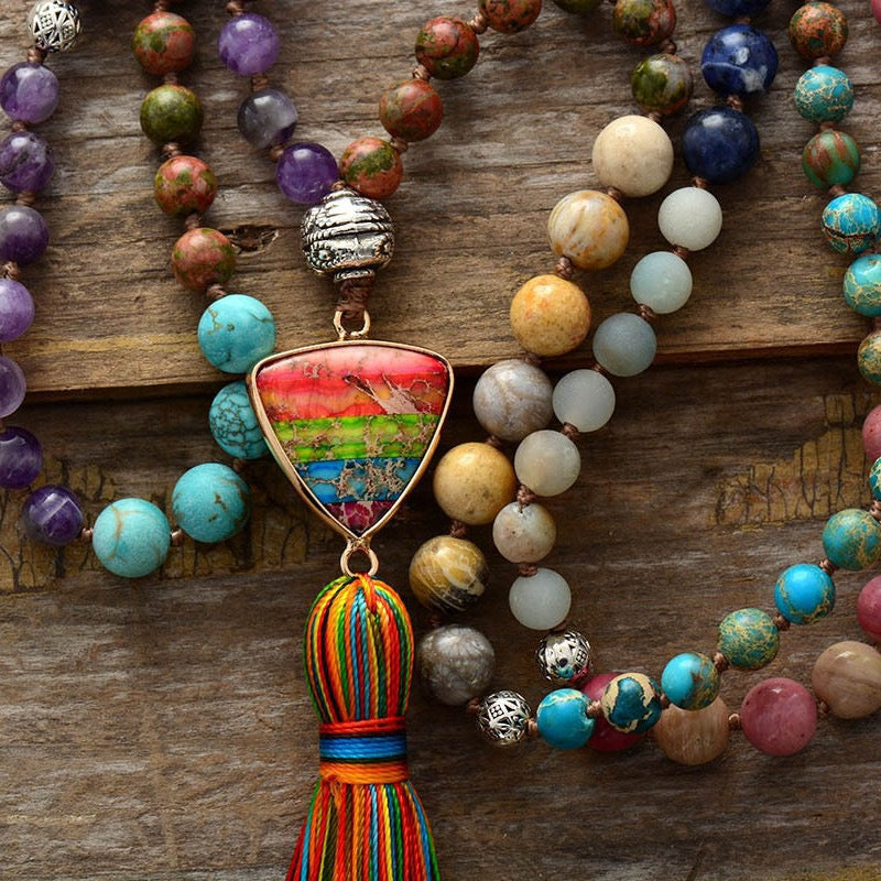 108 Mala Beads | 7 Chakra Natural Gem Stone Long Necklace Reiki Tassel Pendant 8mm Crystal Beads Buddhism