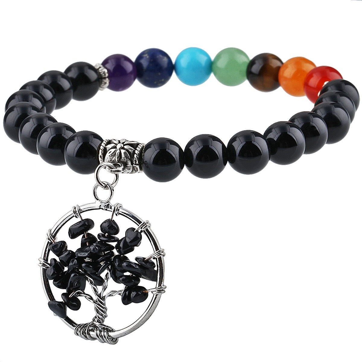 7 Chakra Bracelet with Life Tree Pendant (Elastic)