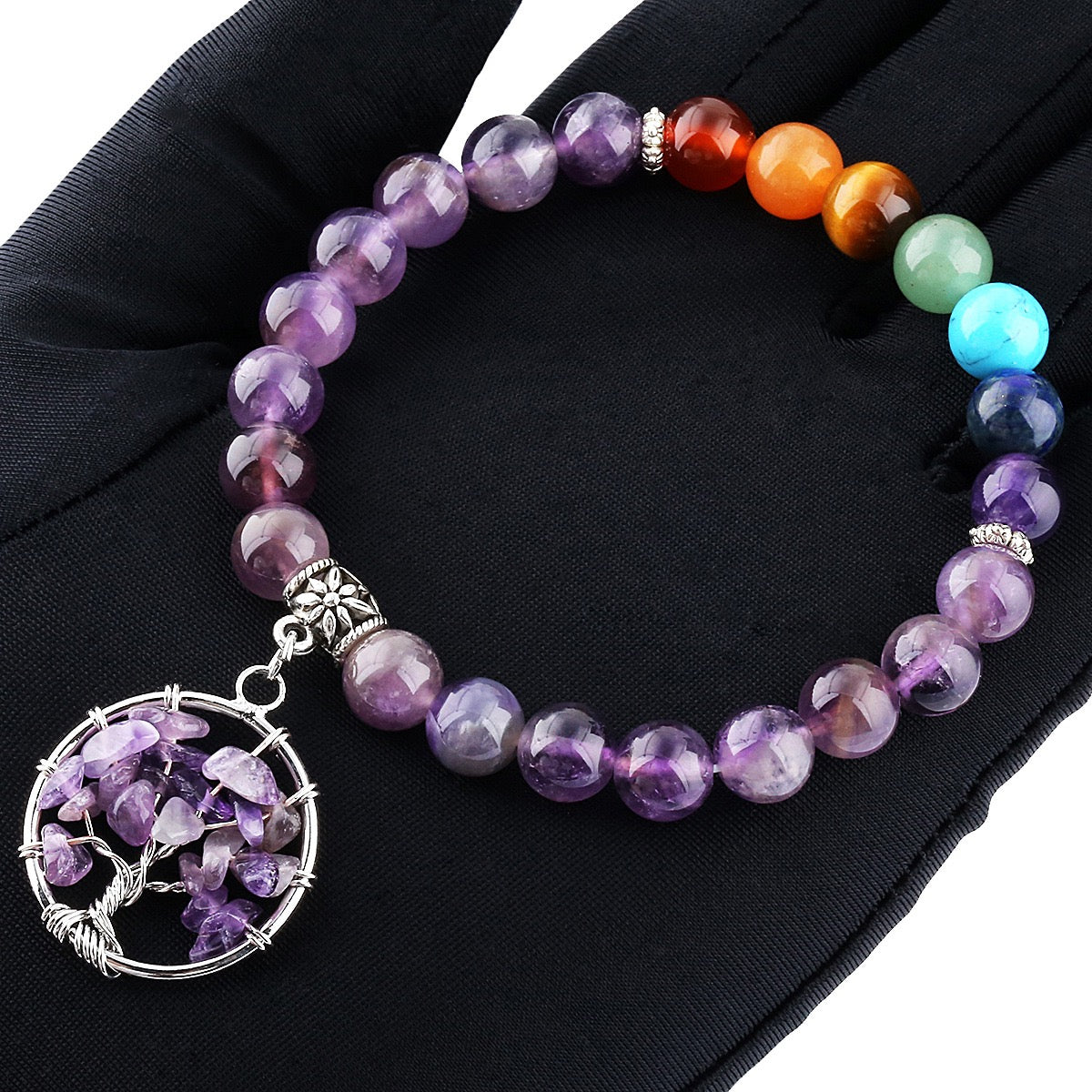 7 Chakra Bracelet with Life Tree Pendant (Elastic)