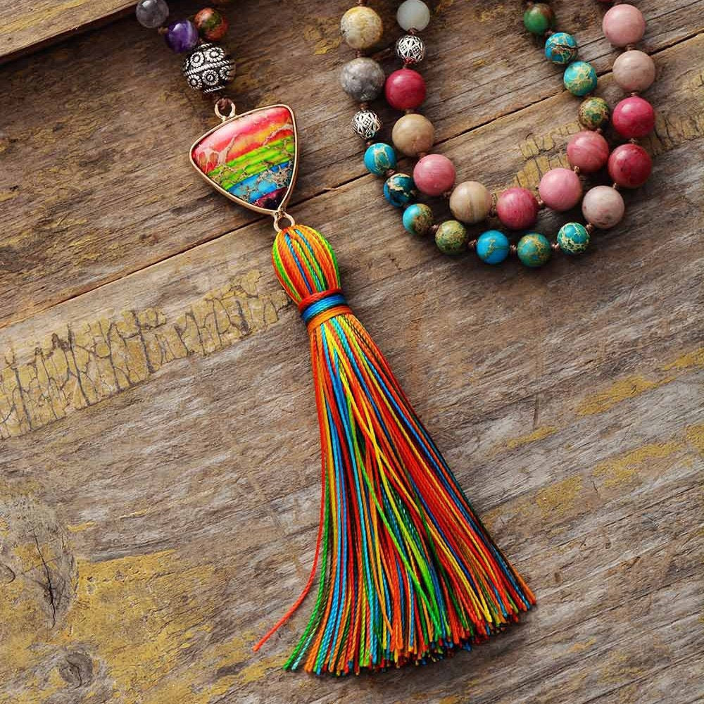 108 Mala Beads | 7 Chakra Natural Gem Stone Long Necklace Reiki Tassel Pendant 8mm Crystal Beads Buddhism