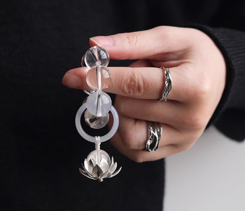 Handcrafted Crystal Lotus Bead Mala | Clear Quartz & Black Obsidian Finger Meditation | Mindful Finger Beads