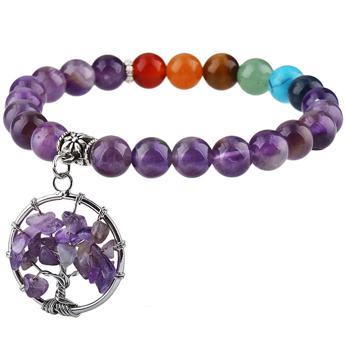 7 Chakra Bracelet with Life Tree Pendant (Elastic)