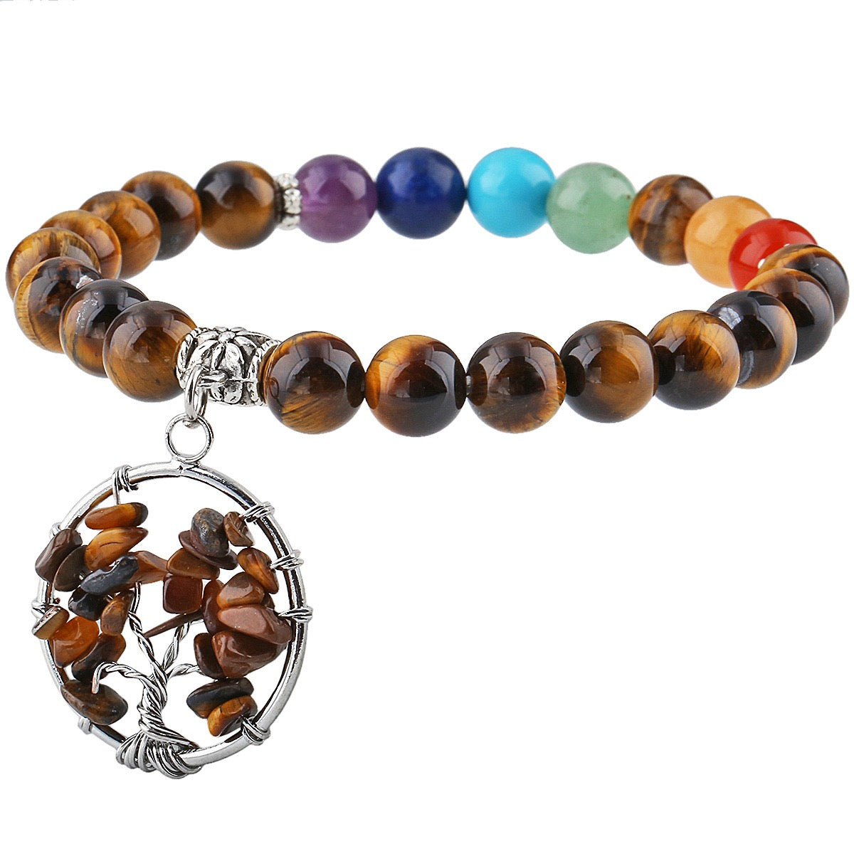 7 Chakra Bracelet with Life Tree Pendant (Elastic)