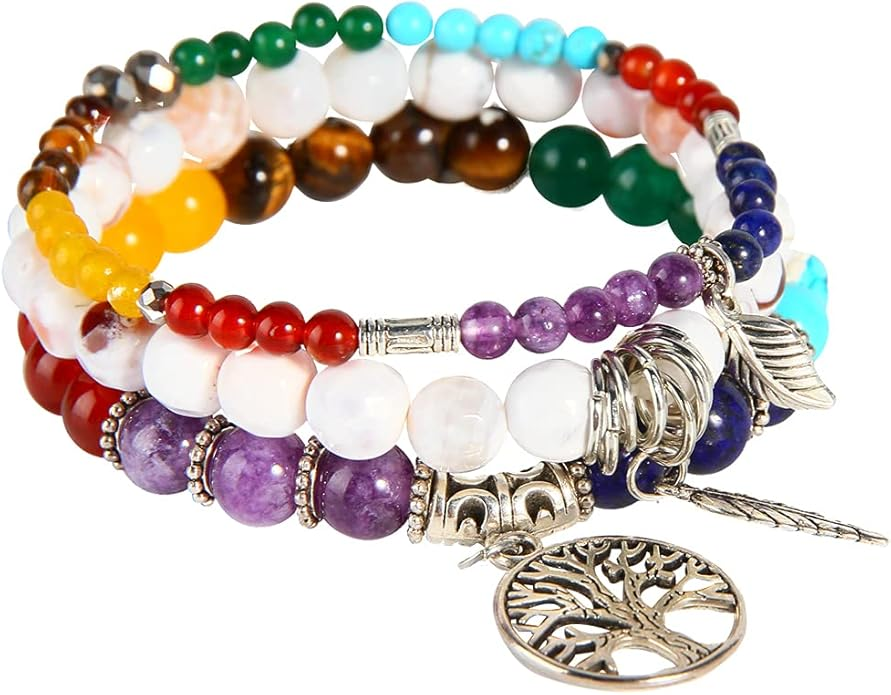 Healing Crystal Beaded Bracelets Set | Tree of Life Yoga Stretch Bracelets for Chakra Balance & Energy
