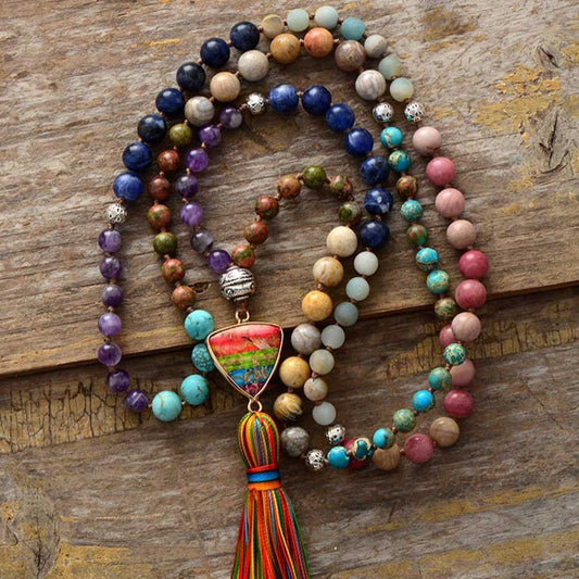 108 Mala Beads | 7 Chakra Natural Gem Stone Long Necklace Reiki Tassel Pendant 8mm Crystal Beads Buddhism