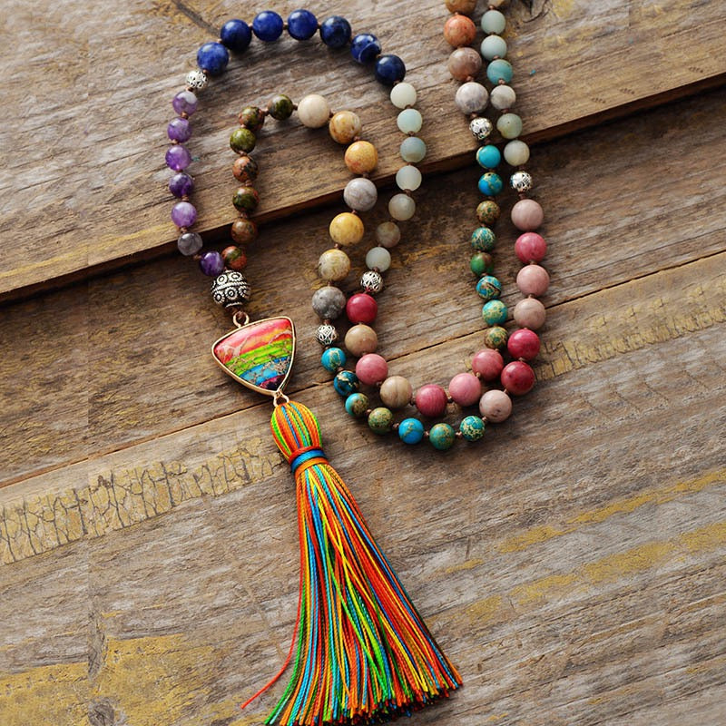 108 Mala Beads | 7 Chakra Natural Gem Stone Long Necklace Reiki Tassel Pendant 8mm Crystal Beads Buddhism