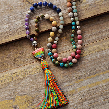 108 Mala Beads | 7 Chakra Natural Gem Stone Long Necklace Reiki Tassel Pendant 8mm Crystal Beads Buddhism