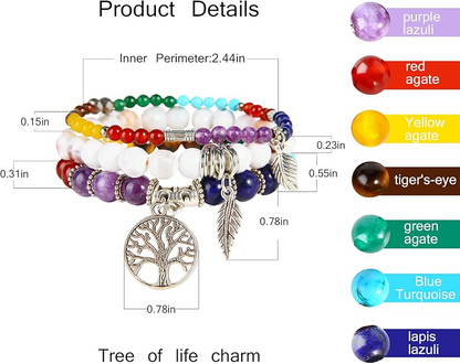 Healing Crystal Beaded Bracelets Set | Tree of Life Yoga Stretch Bracelets for Chakra Balance & Energy