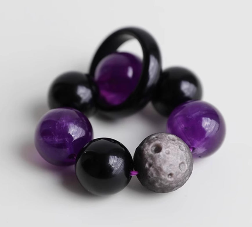 Purple Finger Mala for Luck and Meditation | Amethyst, Meteorite, Obsidian | 7A Grade Quality