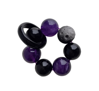 Purple Finger Mala for Luck and Meditation | Amethyst, Meteorite, Obsidian | 7A Grade Quality