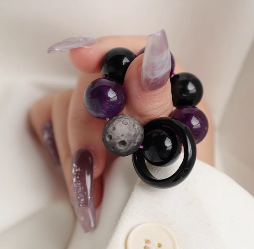 Purple Finger Mala for Luck and Meditation | Amethyst, Meteorite, Obsidian | 7A Grade Quality