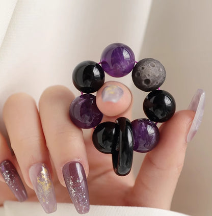 Purple Finger Mala for Luck and Meditation | Amethyst, Meteorite, Obsidian | 7A Grade Quality