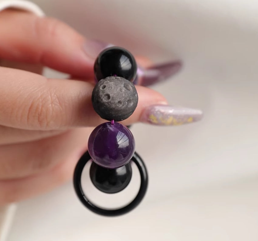 Purple Finger Mala for Luck and Meditation | Amethyst, Meteorite, Obsidian | 7A Grade Quality