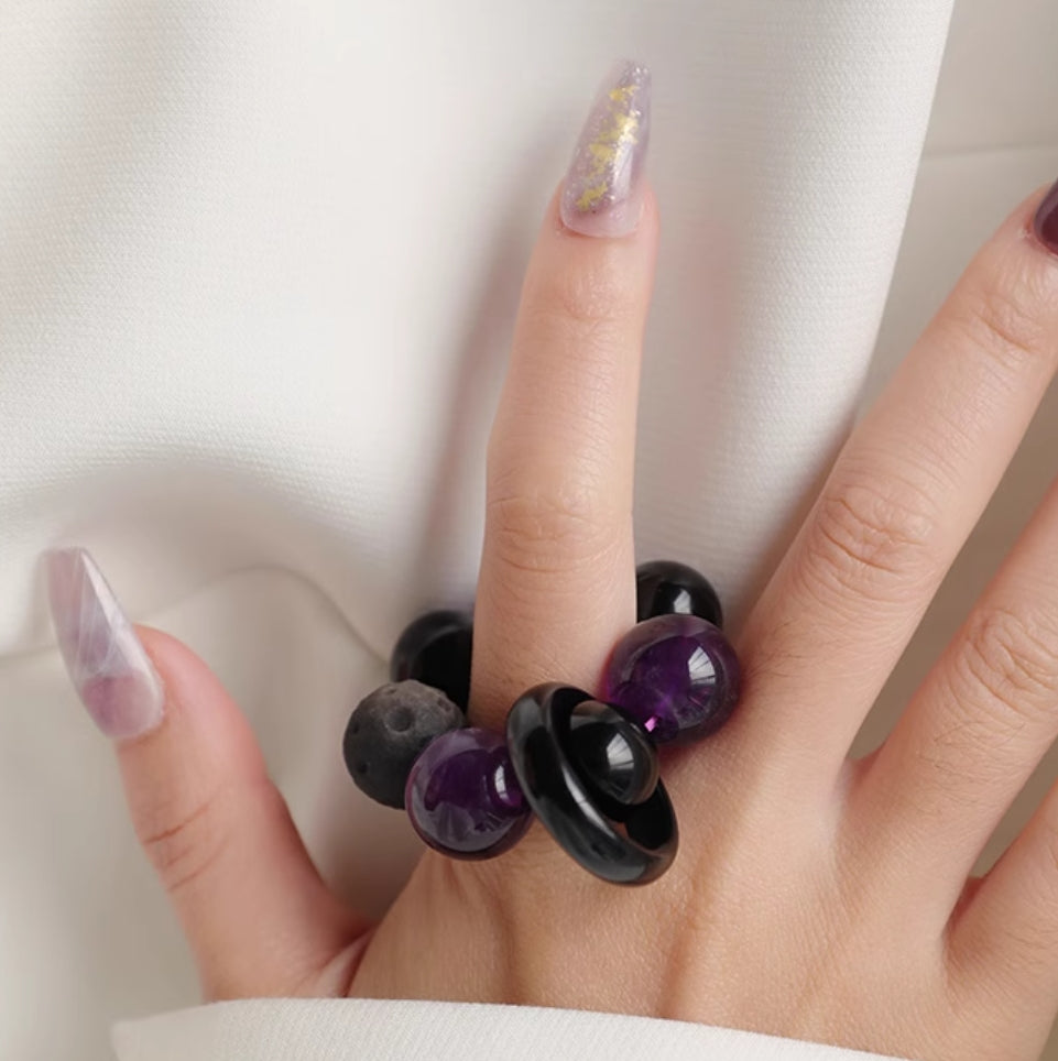 Purple Finger Mala for Luck and Meditation | Amethyst, Meteorite, Obsidian | 7A Grade Quality