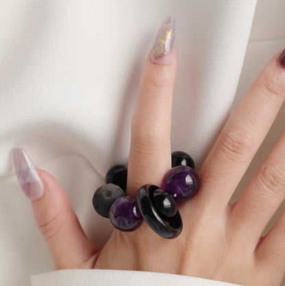 Purple Finger Mala for Luck and Meditation | Amethyst, Meteorite, Obsidian | 7A Grade Quality