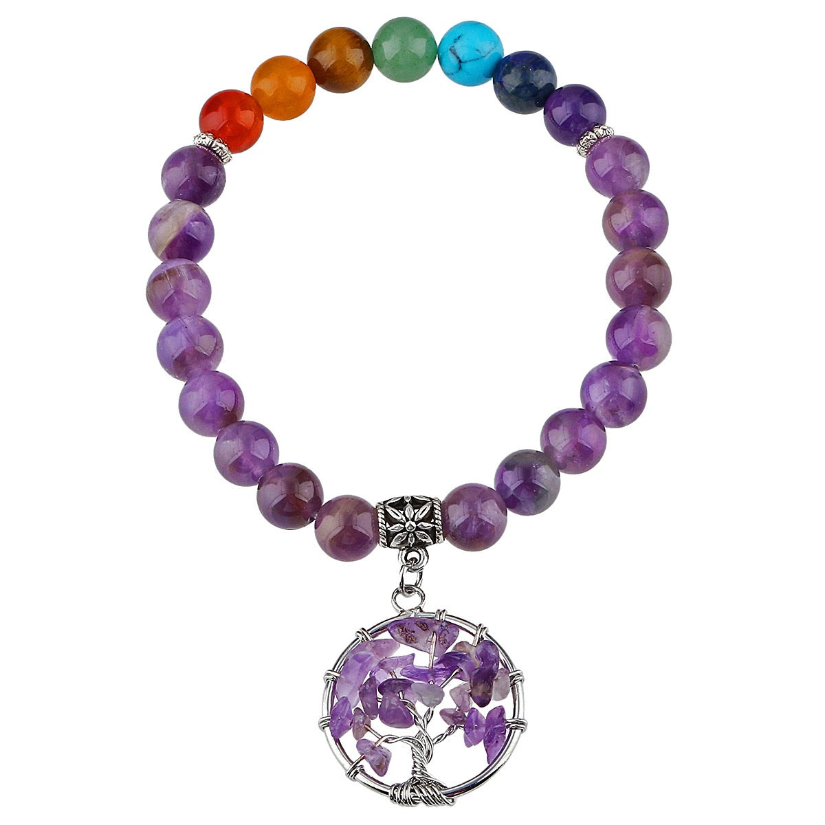 7 Chakra Bracelet with Life Tree Pendant (Elastic)