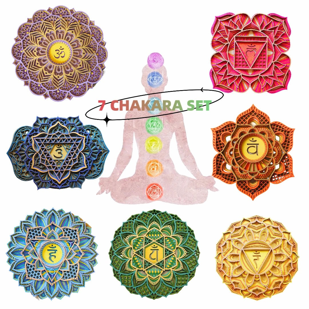 Handmade Chakra Symbols 3D Effects | Chakra Symbols Set – Multi-Layered Wooden Wall Art | Eco-Friendly 7 Chakra Icons
